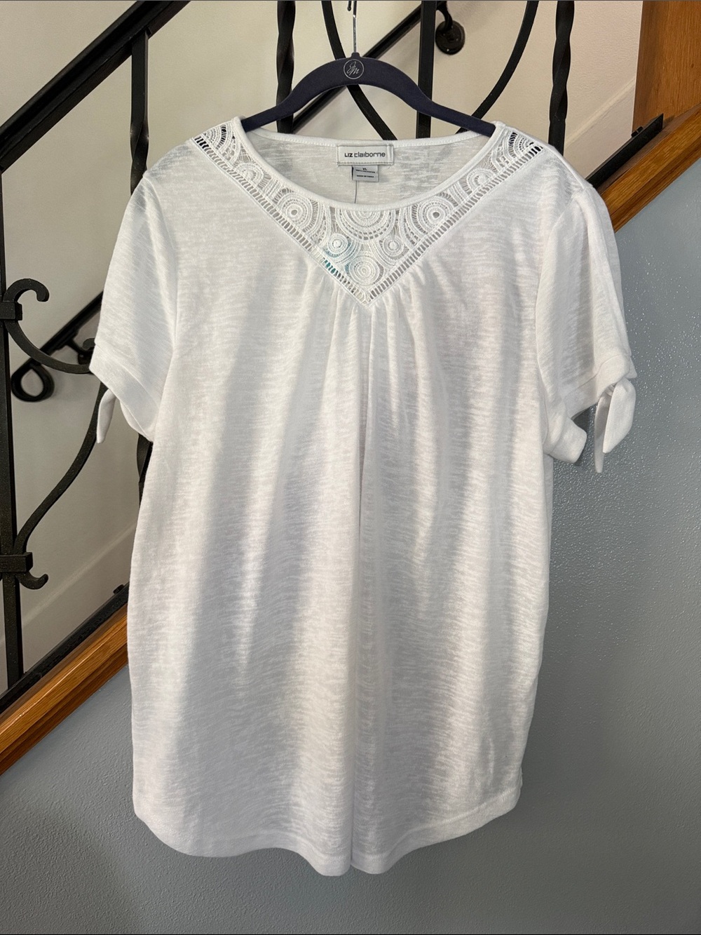 NWT Liz Claiborne White Short Sleeve Top with Crochet Yoke